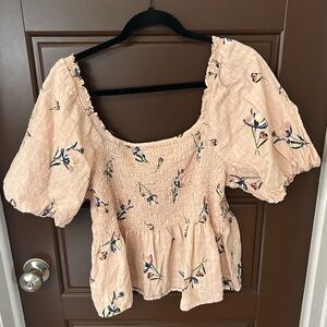 a.n.a Peach Floral Smocked Blouse Puff Sleeve Summer Spring Cropped Festival 1X